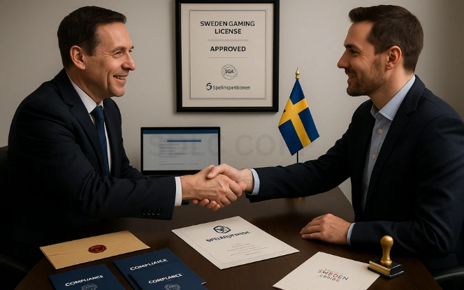 Official Issuance of Sweden Gaming License Consultant congratulating a client over an approved Sweden Gaming License, with a framed certificate on the wall, envelope seals, compliance brochures, and Spelinspektionen-branded stationery on the desk, along with a Swedish flag and golden embosser