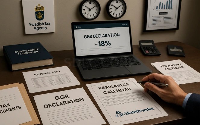 Taxation and Compliance Requirements for Sweden Gaming License Holders Business tax advisor calculating Gross Gaming Revenue on a digital pad with GGR Declaration form marked 18%, compliance handbook, revenue logs, and Swedish Tax Authority emblem visible in a professional finance office with wall clocks and charts