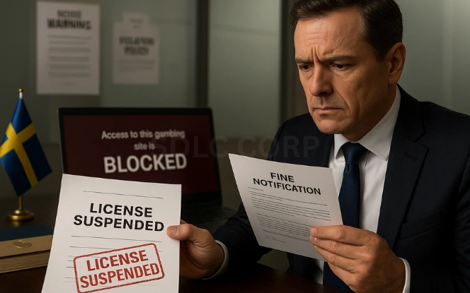 Penalties for Non-Compliance with Sweden Gambling Regulations Legal consultant with a concerned expression reviewing a fine notification beside a document stamped License Suspended and a computer screen displaying a blocked gambling domain, with a Swedish flag and compliance warnings on a frosted glass wall