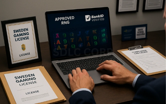 Certified Online Casino Licensing Requirements in Sweden Developer testing certified online casino games on a laptop with overlays reading Approved RNG and BankID Verified, alongside a printed Sweden Gaming License certificate, compliance checklist, and documents on Remote Gaming Standards in a modern tech office