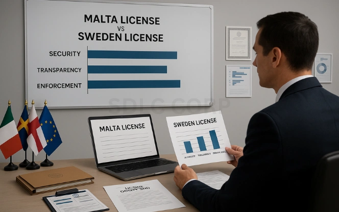 Sweden's Strong Regulatory Standards in Gambling Law Legal advisor comparing reports titled Malta License vs Sweden License, with a whiteboard showing scoring bars for Security, Transparency, and Enforcement where Sweden ranks highest, and multiple country flags in the background