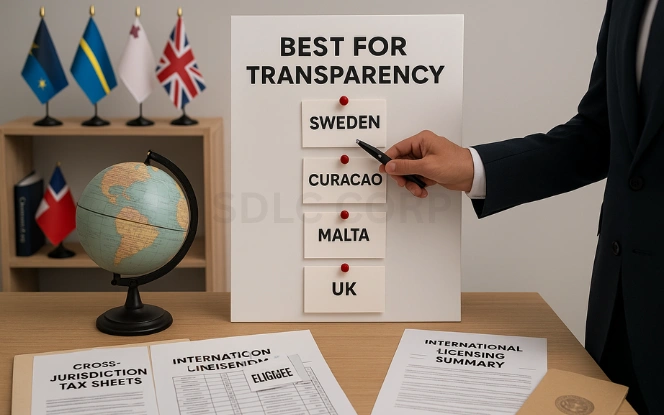 Comparing Sweden's Gambling License with Other Jurisdictions Professional in a suit pointing to Sweden on a compliance board labeled Best for Transparency, with a table displaying a globe, cross-jurisdiction tax sheets, and cards marked Sweden, Curacao, Malta, and UK; regulatory flags and light wooden shelving in the background