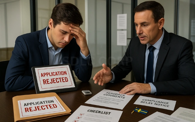 Common Challenges Applicants Face During Sweden Gaming License Process Stressed applicant reviewing a folder stamped Application Rejected, with documents showing technical non-compliance feedback, red X marks on a checklist, and a consultant explaining issues in a glass-paneled office; a Swedish flag pin and document translator device on the table
