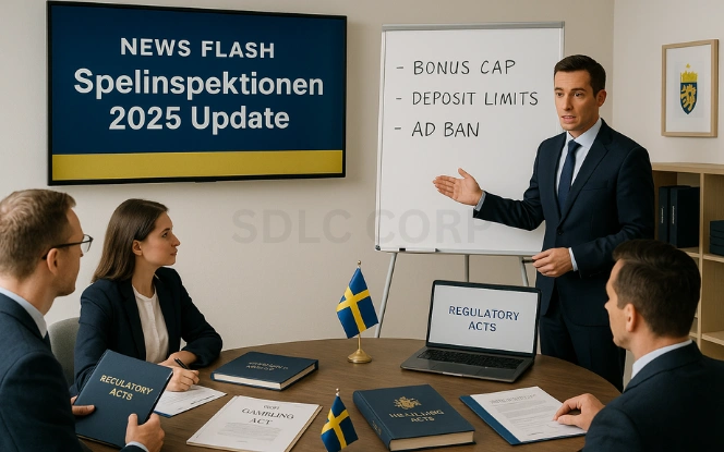 Latest Regulatory Changes in Swedish Gambling Market by Spelinspektionen Regulatory analyst presenting 2025 updates on a wall-mounted monitor labeled Spelinspektionen 2025 Update, with a whiteboard listing Bonus Cap, Deposit Limits, and Ad Ban; legal binders, Sweden’s insignia, and a clean Scandinavian office in the background