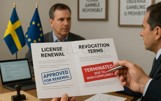 Renewal and Termination Conditions for Sweden Gaming License Holders Lawyer and gaming operator discussing a dual-sided document with License Renewal marked Approved for Renewal and Revocation Terms labeled Terminated Due to Non-Compliance, with Swedish flags and framed legal warnings in the background