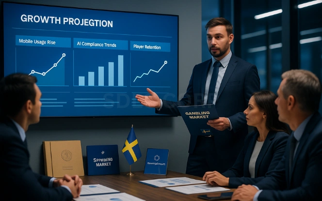 Future Trends in Sweden’s Regulated Gambling Market Digital analyst presenting a dashboard with charts on Mobile Usage Rise, AI Compliance Trends, and Player Retention to colleagues in a modern boardroom, with Sweden’s flag and Spelinspektionen logo visible on the presentation screen