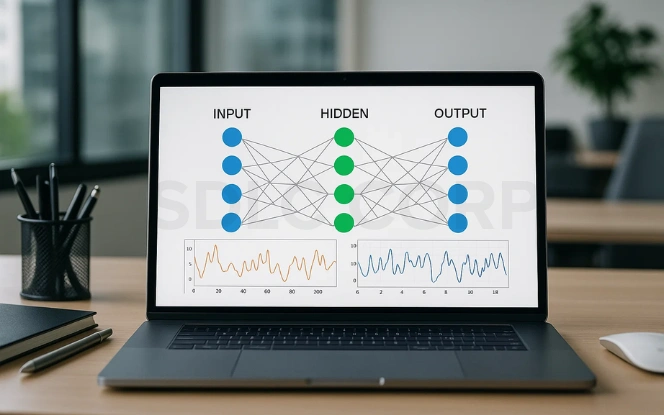 Desktop monitor showing a diagram of an autoencoder process from input through encoder and latent space to decoder and output.