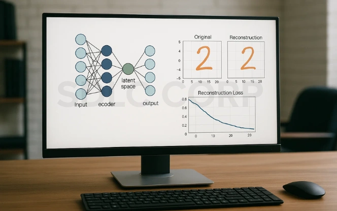 Laptop screen displaying a flow diagram of an autoencoder architecture with input, encoder, latent space, decoder, and output blocks.s
