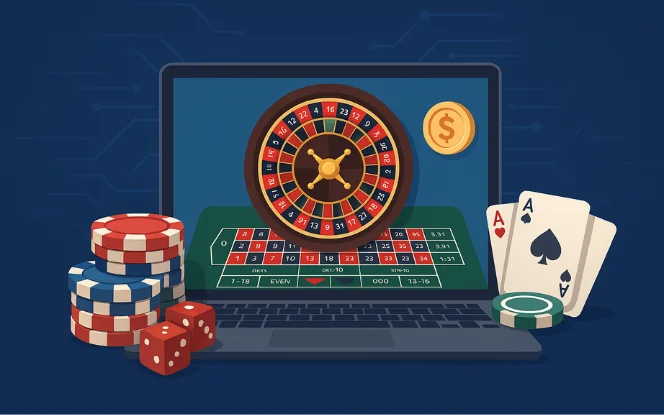 2D illustration of an online roulette game on a laptop with a roulette wheel, chips, cards, dice, and digital circuit background.