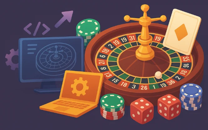 Illustration of a custom roulette game setup with casino elements and game development tools like code, monitor, and laptop.