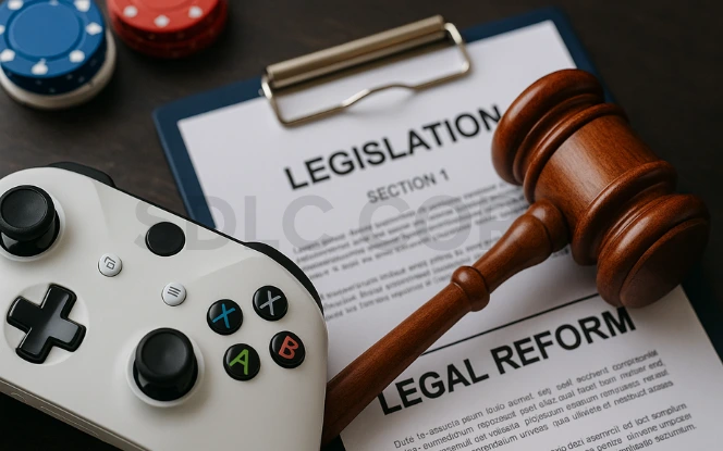 “White gaming controller and poker chips arranged around a gavel and legal reform documents, linking gaming and regulation.