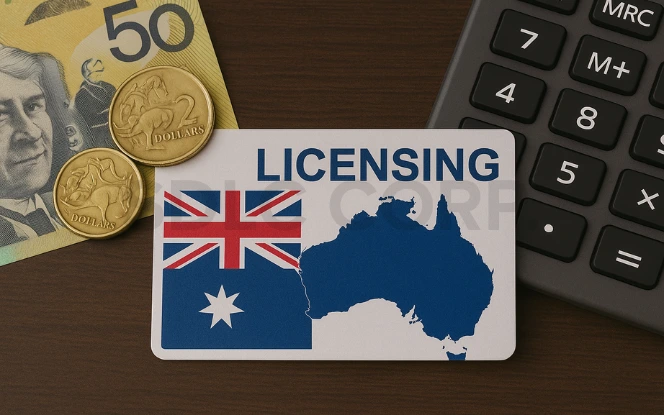 “Australian dollar notes and coins placed next to a gaming license card and calculator, symbolizing licensing fees and taxation.