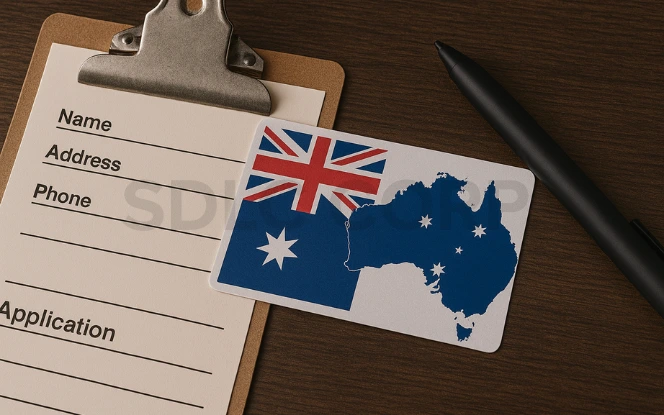 “Australian flag ID card, pen, and application form on a clipboard, representing the gambling license application process.
