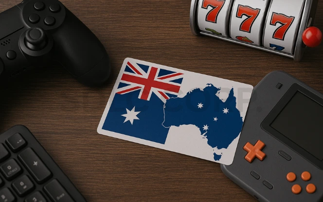 “A wooden judge’s gavel, Australian flag card, and legal books symbolizing Australia’s gambling regulatory structure.