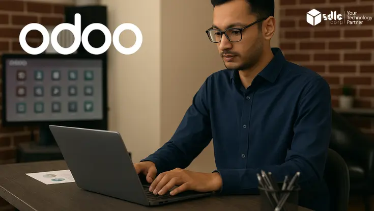 A young South Asian man wearing a navy-blue shirt and rectangular glasses is working on a gray laptop at a wooden desk in a modern office. A sheet with pie charts lies beside him, and the Odoo dashboard is visible on a monitor in the background. The Odoo logo appears prominently on the left side of the image.