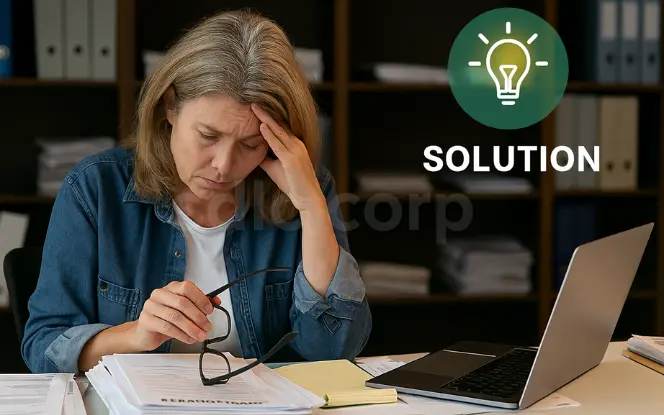 Stressed nonprofit staff member sitting at a cluttered desk with paperwork and a laptop, holding her glasses in one hand, with a glowing “Solution” icon above her. .