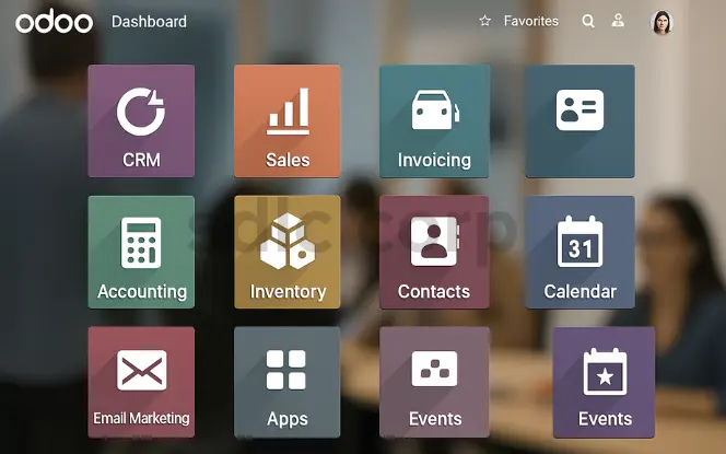 Odoo ERP dashboard interface displaying colorful modules including CRM, Sales, Invoicing, Accounting, Inventory, Contacts, Calendar, and Events.