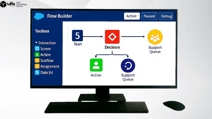 Salesforce Flow Builder with Start, Decision, Action, and Support Queue elements.
