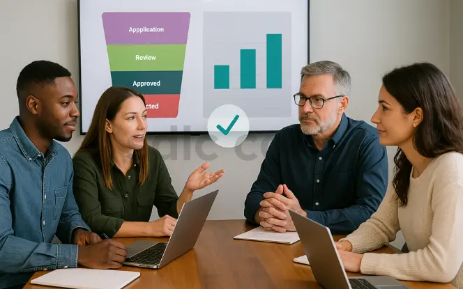 Diverse NGO team of four professionals sitting around a meeting table, discussing strategy while reviewing dashboards on a screen showing an application funnel and bar graph.