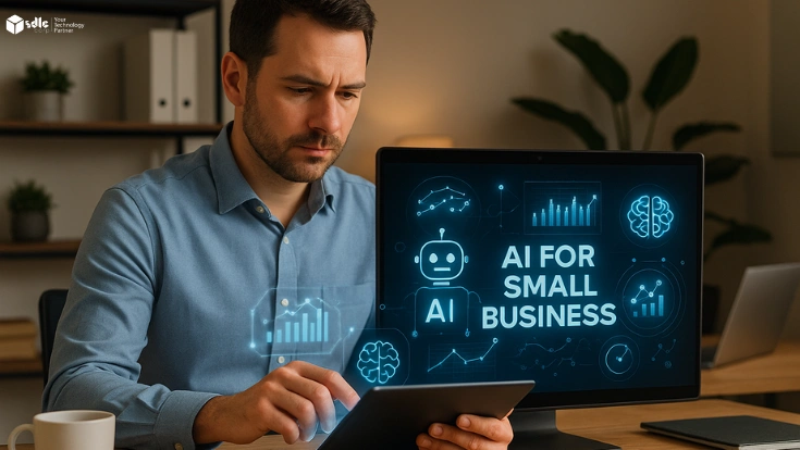 Small business owner using a tablet with holographic AI charts and digital assistant icons in a modern office, illustrating the integration of artificial intelligence in daily business operations.