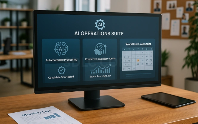 The Shift Toward Smarter Operations Monitor displaying AI-driven operations dashboard with HR automation, inventory alerts, and workflow calendar in a modern startup office setting