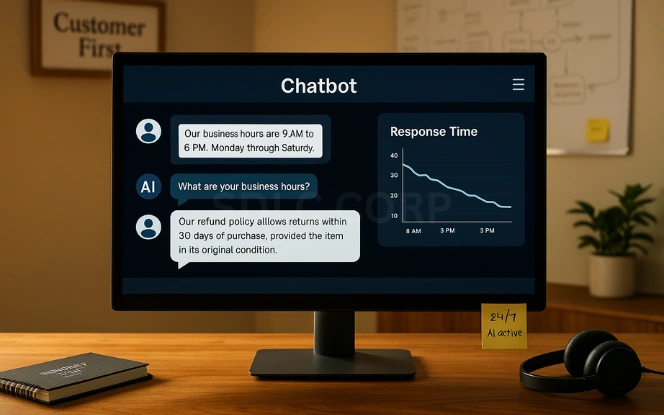 Customer Service Monitor displaying live chatbot interface and response time analytics in a helpdesk nook with support tools and customer journey whiteboard in the background