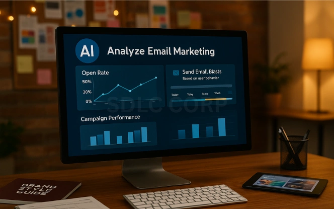 Marketing Automation Monitor displaying AI-powered marketing dashboard with email performance charts and campaign scheduling timeline in a creative studio setup with brand guides and ambient lighting