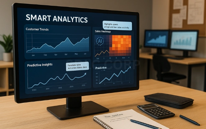 Data Analysis Monitor showing AI analytics dashboard with customer trend graphs, sales heatmaps, and predictive insights in a business analyst workspace with dual monitors and data diagrams