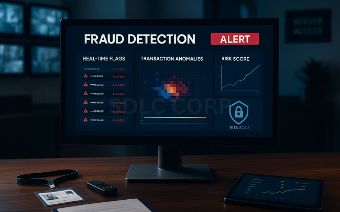 Fraud Detection Monitor displaying fraud detection dashboard with transaction alerts, anomaly heatmaps, and risk score graph on a cybersecurity analyst's desk in a dim IT office
