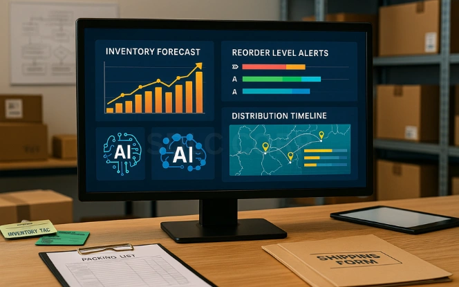 Inventory and Supply Chain Monitor showing AI-powered supply chain dashboard with inventory predictions, reorder alerts, and distribution timelines on a logistics manager’s desk with shipping forms and parcels
