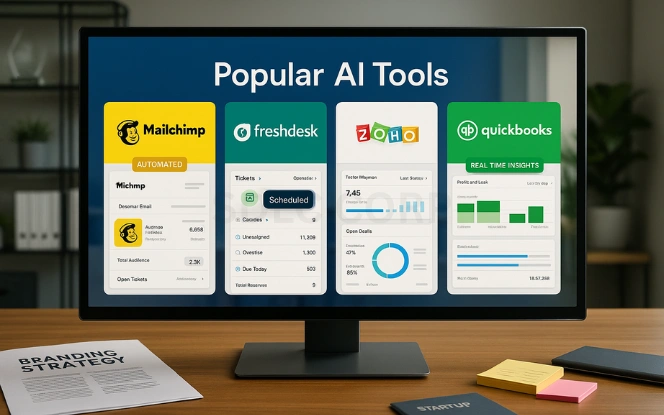 Practical AI Tools for Small Businesses Monitor displaying AI tools dashboard with platforms for marketing, customer support, and analytics, shown on a professional desk with startup brochures and branding materials