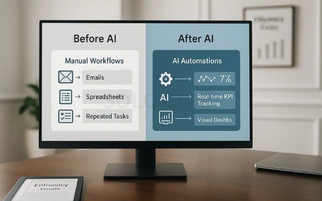 The Benefits of AI for Small Business Monitor displaying a side-by-side comparison of manual workflows and AI automation with KPI tracking, set on a desk with an efficiency goals chart in a professional office environment