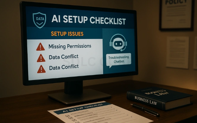 Overcoming the Challenges Monitor displaying AI setup checklist with error messages like missing permissions and data conflicts, placed on a desk with a compliance manual and checklist in a dimly lit office