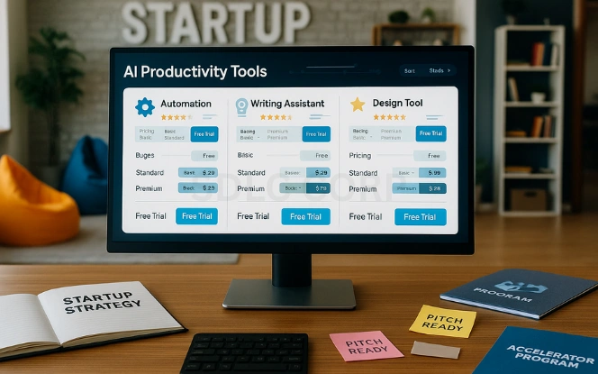 Affordable AI Solutions for Startups Monitor displaying pricing tiers and free trial badges for AI tools in automation and content creation, on a desk with a startup accelerator brochure and sticky notes labeled Pitch Ready in a shared workspace