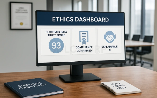 Building Trust in AI Adoption Monitor displaying ethics dashboard with customer data trust score, compliance confirmation, and Explainable AI section on a desk with a corporate ethics folder and Trust Comes First notepad in a professional boardroom