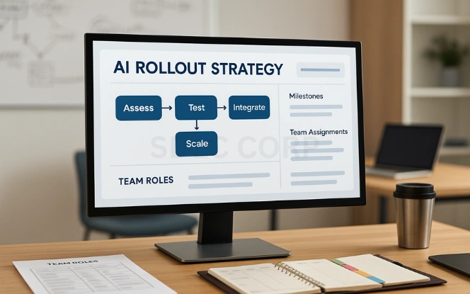 Choosing the Right AI Strategy Monitor displaying AI rollout strategy flowchart with phases labeled Assess, Test, Integrate, and Scale, placed on a desk with team roles chart, planner, and coffee tumbler in a collaborative office setting