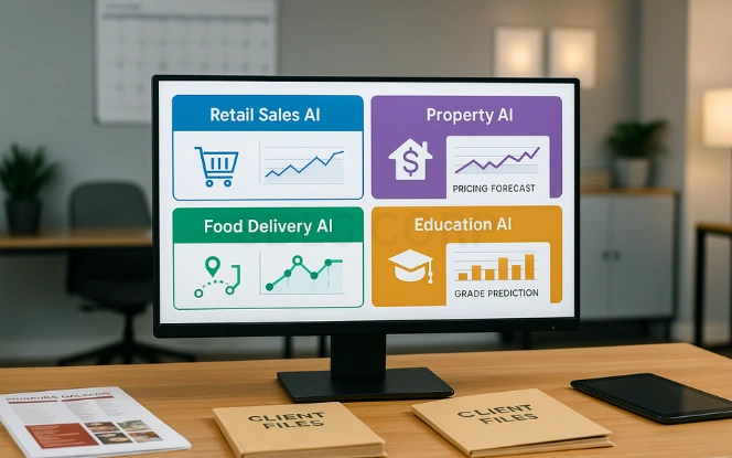 Industry Examples Monitor displaying a quad-split UI with AI applications in retail, real estate, food delivery, and education, set on a desk with product catalogs and a tablet in a neutral office environment