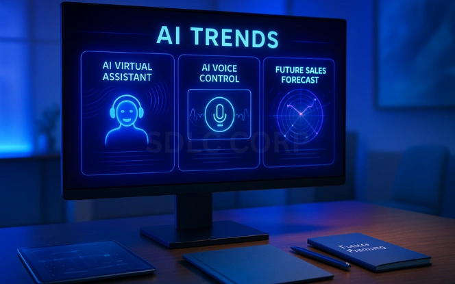 The Future of AI for Small Businesses Monitor displaying a futuristic AI trends dashboard with virtual assistant visuals, voice control interface, and future sales forecast radar graph on a desk with a transparent tablet and planning notebook in a backlit modern office