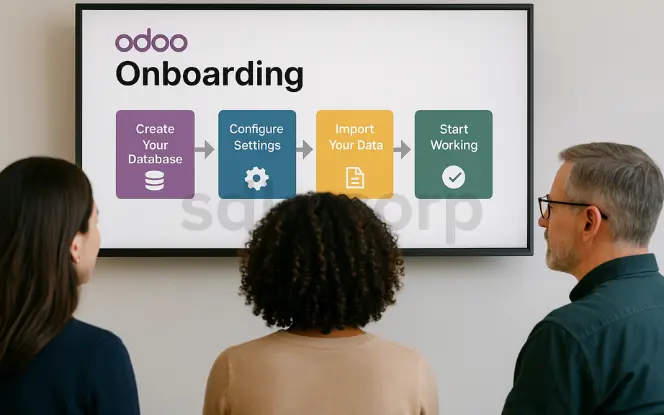 Three professionals viewing an Odoo onboarding screen that displays a four-step setup process—Create Your Database, Configure Settings, Import Your Data, and Start Working—on a large wall-mounted monitor in a modern office setting.
