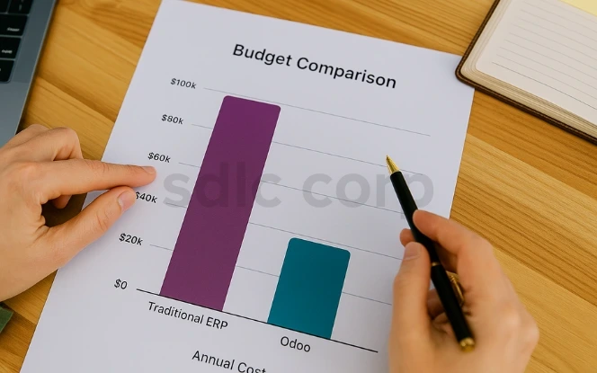 Hands pointing at a printed budget comparison chart showing significantly higher annual costs for Traditional ERP versus Odoo, placed on a wooden desk with a pen, laptop, and notebook nearby.