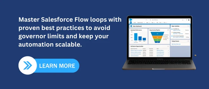 "Salesforce Flow loops best practices CTA with Learn More button."