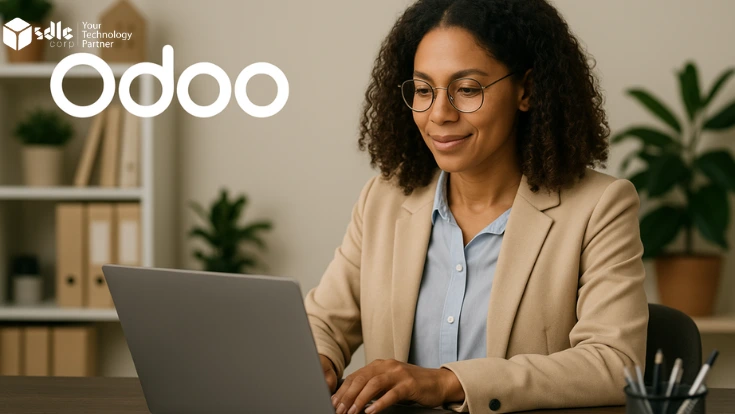 A professional African American woman in a beige blazer and glasses works on a laptop at a wooden desk with documents and office supplies, as the Odoo logo appears in the top left corner. The setting is a well-lit, modern workspace, ideal for illustrating Odoo solutions for non-profit organizations.