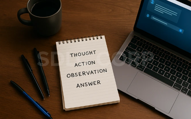 Top-down photograph of a wooden desk setup with a notepad listing steps, pens, a laptop showing AI interface, and a dark ceramic coffee mug, lit with soft ambient lighting.