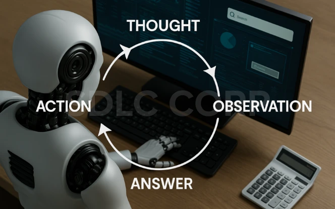 Realistic image of a humanoid robot interacting with a desktop computer and calculator on a wooden desk, representing a four-step AI reasoning loop: Thought, Action, Observation, and Answer, depicted in a circular workflow