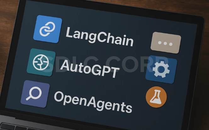 Photographic flat-lay of a laptop displaying icons for LangChain, AutoGPT, and OpenAgents neatly arranged on a dark virtual desktop, set on a wooden surface