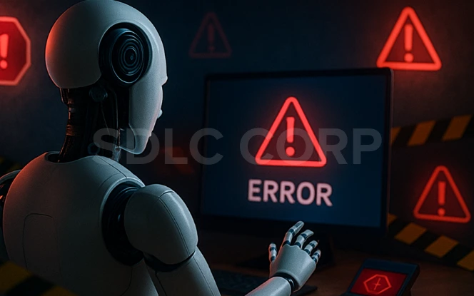 A humanoid robot facing a computer screen with a red error warning, surrounded by caution symbols and dim lighting, illustrating AI tool failure in a high-tech environment