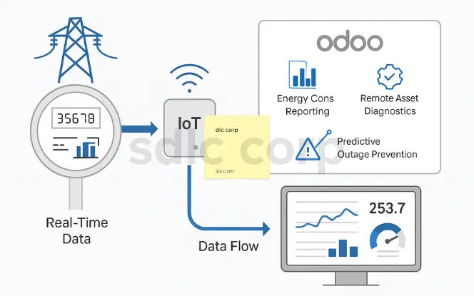 Smart grid flowchart illustrating real-time energy data from a meter flowing through an IoT device into the Odoo ERP system, enabling energy consumption reporting, remote asset diagnostics, and predictive outage prevention.