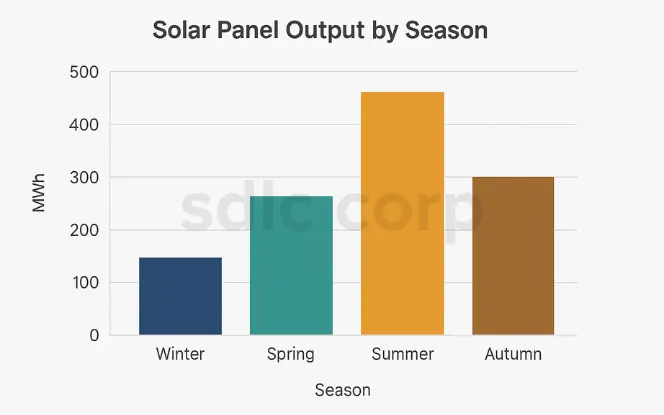Bar chart showing seasonal solar panel output in megawatt-hours (MWh), with highest performance in summer, followed by autumn, spring, and lowest in winter.