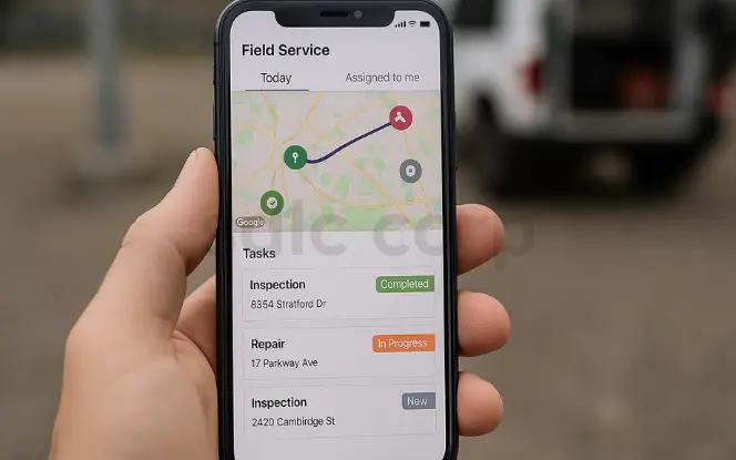 A mobile device screen displaying a field service app with a map view of technician routes and task statuses—showing tasks marked as Completed, In Progress, and New.