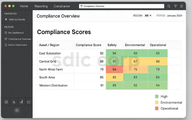 Odoo compliance dashboard showing a table of compliance scores by asset or region, categorized into safety, environmental, and operational metrics, with color-coded performance indicators..